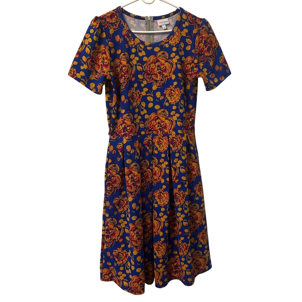 Amelia Dress M Cobalt Blue Mustard Floral Fit & Flare Retro Boho Pockets Retro